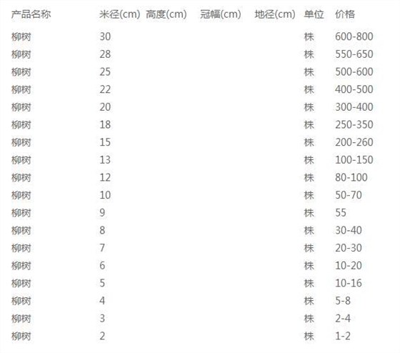 柳树价格表