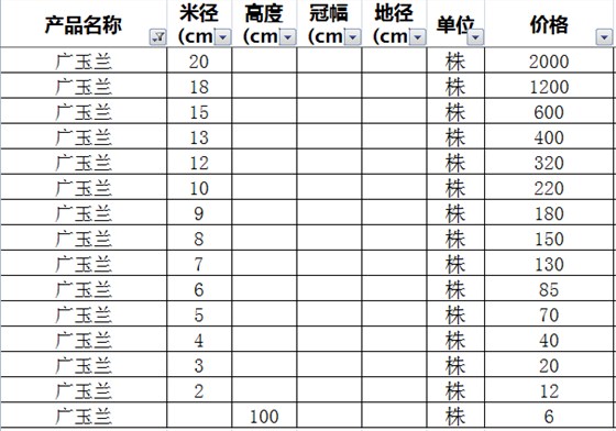 2018广玉兰价格表