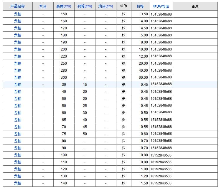 龙柏苗报价表