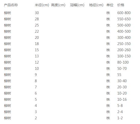 柳树价格表