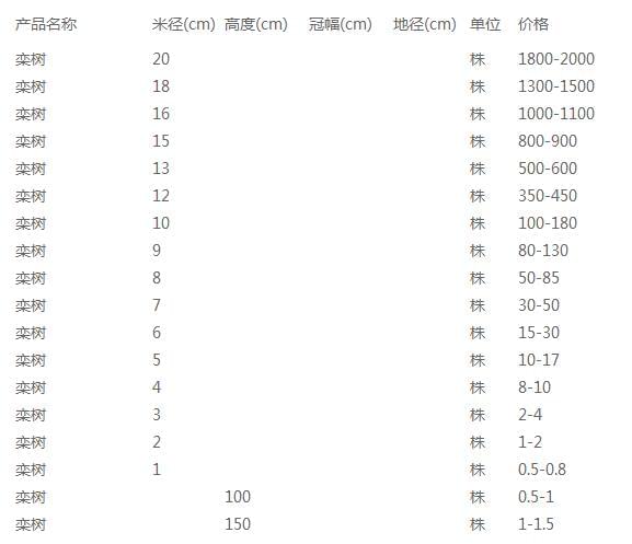 栾树价格表