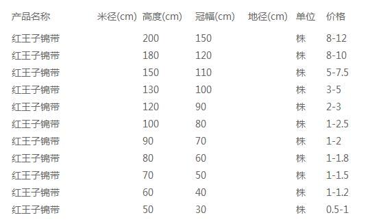 红王子锦带价格表