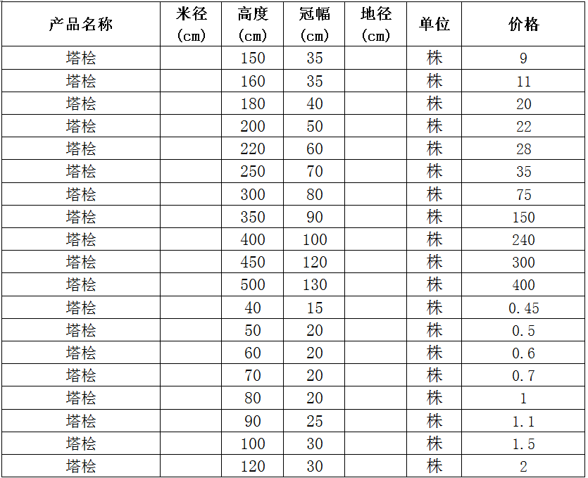 塔桧价格表