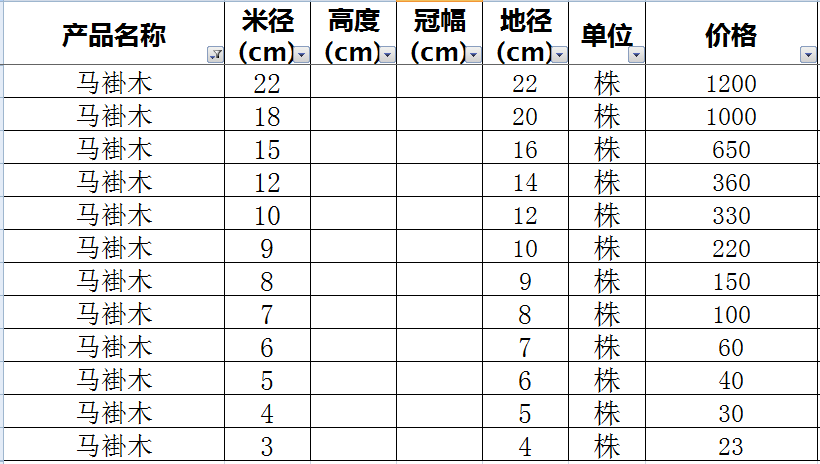 马褂木价格表