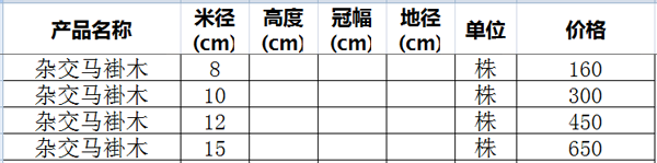 杂交马褂木价格表